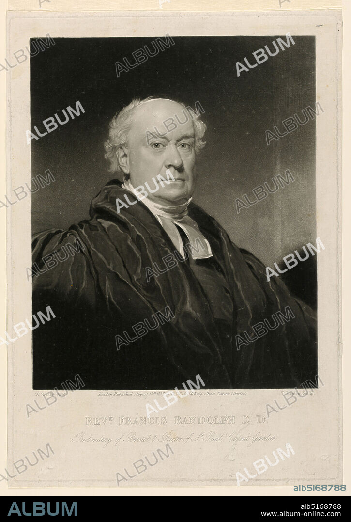 Rev. Francis Randolph, D.D., Thomas Lupton, William Bradley, English, 1801 - 1857, Aquatint on paper, Bust-length portrait of an elderly man in three-quarter view to right. He wears a pastor's robe, with head bare. Inscription, lower center: London . 1827 . Covent Garden; below, title., Europe and Russia, England, 1827, Print, Print.