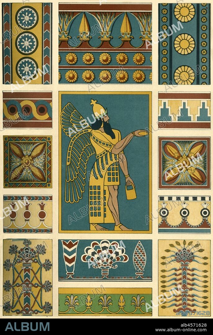 Assyrian decoration, (1898). Examples of ancient Assyrian painting, polychrome sculpture and pottery from what is now Iraq: 'Fig 1: Portion of a glazed brick from a palace at Khorsabad. Figs 2-4: Painted bas-reliefs from Koyunjik [Kuyunjik, Nineveh]. Fig 5: Painted ornament from Nimroud [Nimrud]. Fig 6: Glazed brick from Khorsabad. Figs 7-10: Painted ornaments from Nimroud. Figs 11-12: Sacred trees. Painted bas-reliefs from Nimroud. Fig 13: Painted ornament from Nimroud. Fig 14: Enamelled brick from Khorsabad...The excavations on the banks of the Tigris at Khorsabad, Nimroud and Koyunjik brought to light a great number of architectural remains, paintings and sculptures of Assyrian origin, which give us an idea of the magnificence and the exuberant luxury of the buildings of this nation. Assyrian ornament certainly betrays Egyptian influence, but there is no denying its originality...The winged male figure in the midst of our plate symbolizes the soul'. Plate 3 from "The Historic Styles of Ornament" translated from the German of H. Dolmetsch. [B.T. Batford, London, 1898].