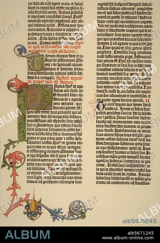 zu: Gutenberg, Johannes; um 1397-1468. 42-zeilige lateinische Bibel ("Gutenbergbibel") in Missalschrift, 2-spaltig; vollendet gegen 1455 in Mainz. Initiale "T" (Titum), Einführung zum Brief an Titus, und Initiale "P" (Paulus), Brief an Titus, Kap. 1. Typendruck und Buchmalerei. Berlin, Staatsbibliothek Preußischer Kulturbesitz.