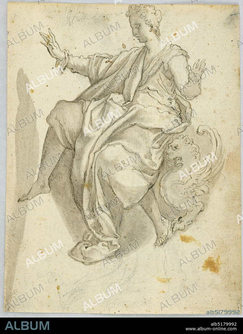 Drawing: A) Personification of charity, B) A terrified woman, Black chalk and pen with grayish-brown water color on paper, Obverse: Charity is shown de face walking and carrying an eating boy on her left hand. She looks down and gives an apple to a girl on her left. Part of a drapery is shown at the right edge. Reverse: A terrified woman is sitting and looking downwards. A chimeria supports her seat., Italy, 15901620, Drawing, Drawing.