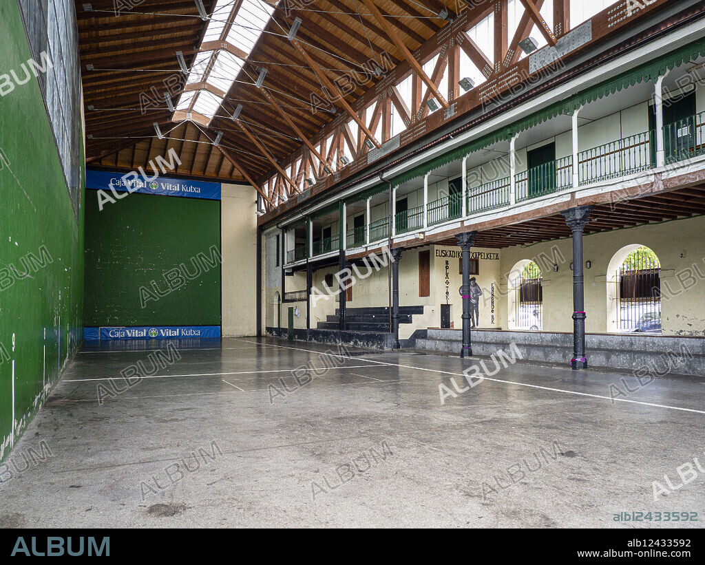 Basque ball fronton, 19th century building of eclectic style, old casino,Artziniega, Alava, País Vasco, Spain.