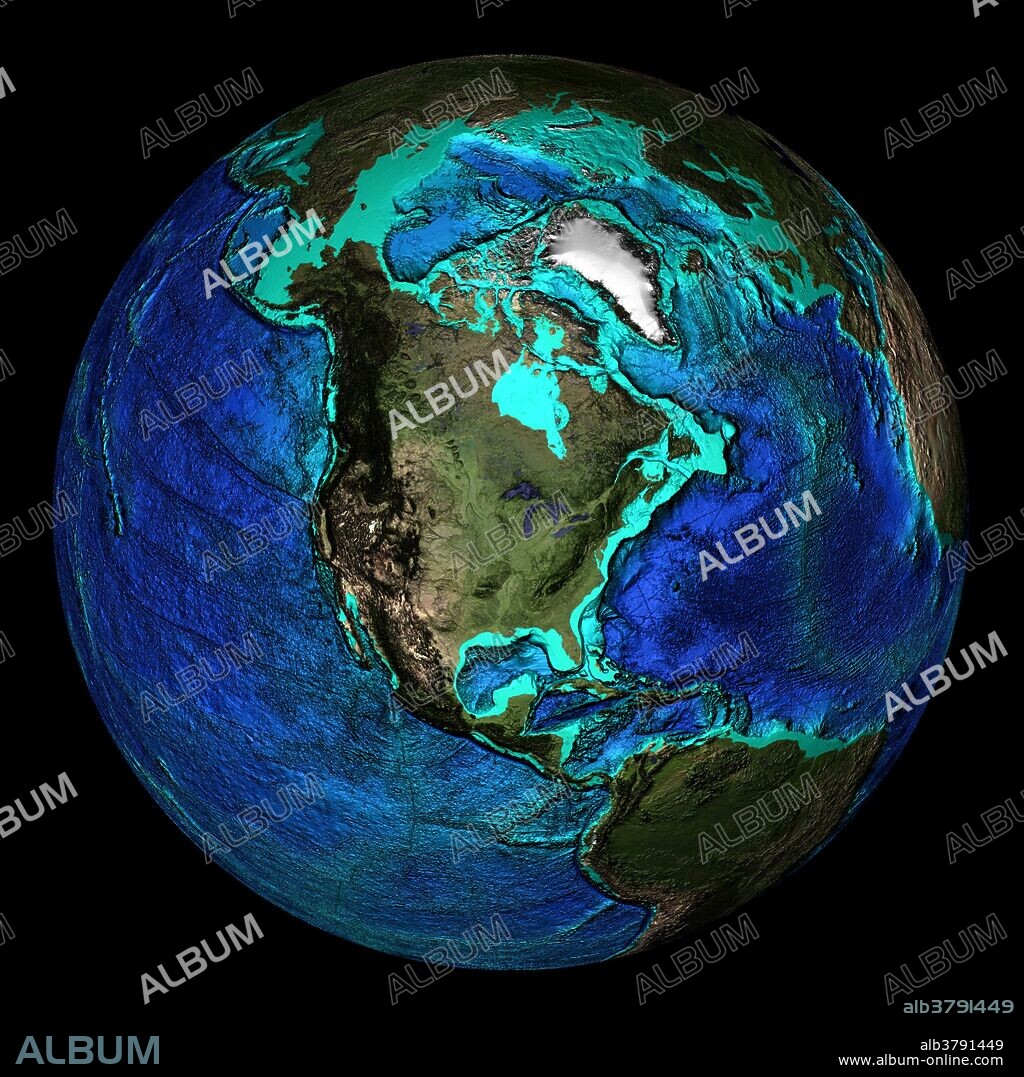 Topographical map of the Earth, centered on 45 degrees North, 90 degrees West. Visible are the mid- Atlantic Ridge in the Atlantic Ocean (at right), and Pacific Coast Ranges of western North America (dark brown area), notably the Rocky Mountains. The seas and oceans are color-coded by depth and land colors are based on MODIS true-color data from the Terra satellite in 2004 where darker regions represent highlands. Turquoise regions represent the continental shelf and descend to around 150 meters before dropping off abruptly at the shelf break. The descent of the continental slope to the ocean floor is shown as increasingly dark shades of blue.