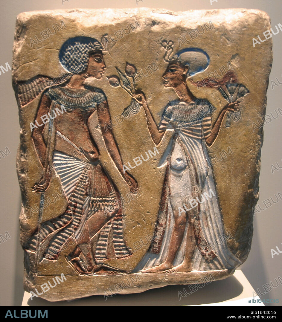 Akhenaten (reigned 1353-1336 BC) and Nefertiti (c1370 BC-c1330 BC) Great Royal Wife of the Egyptian Pharaoh Akhenaten. Relief in the Egyptian Museum in the Altes Museum Berlin.