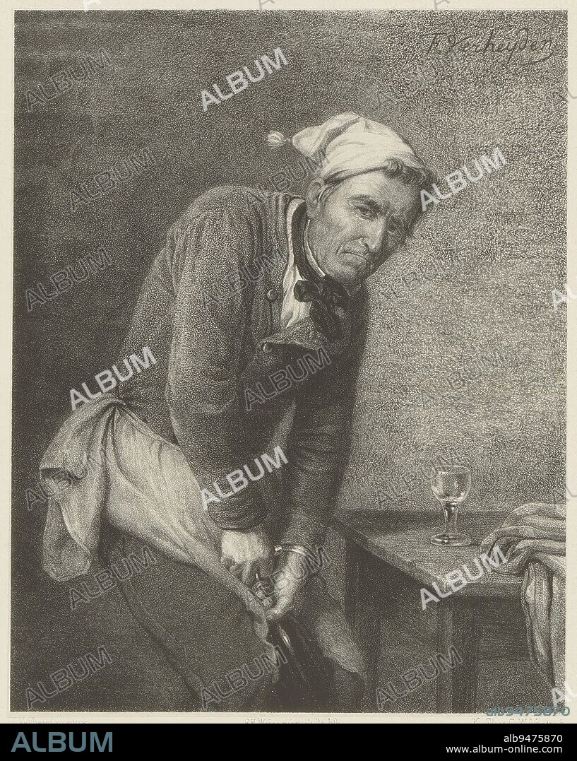 A man with a hat is clasping a bottle between his legs and is about to open it with a corkscrew. On the right of the table is an empty wine glass. Man pulls open bottle, print maker: Frederik Hendrik Weissenbruch, (mentioned on object), after: François Verheyden, (mentioned on object), printer: Koninklijke Nederlandse Steendrukkerij van C.W. Mieling, (mentioned on object), The Hague, 1847 - 1865, paper, h 345 mm - w 253 mm.