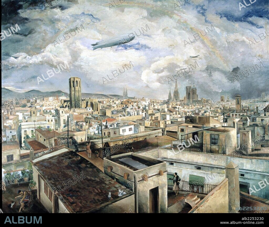 JAUME MERCADÉ I QUERALT. MERCADE , JAUME. PINTOR ESPAÑOL. " EL ZEPELIN " , BARCELONA 1929. COLECCION J. B CENDROS BARCELONA PINTADO.