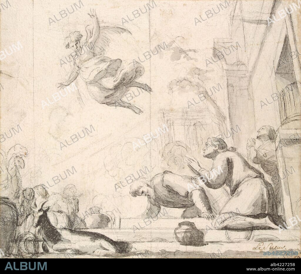 EUSTACHE LE SUEUR. 'Archangel Raphael Leaving Tobit and his Family'. France, Between 1645 and 1647. Dimensions: 10,7x23,1 cm.