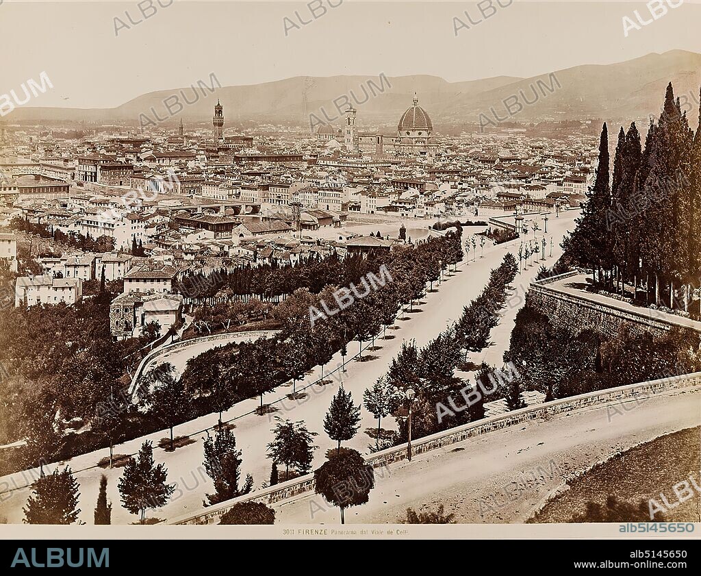 Giacomo Brogi, Edizioni Brogi, Firenze - Panorama dal Viale de'Colli, albumin paper, black and white positive process, sheet size: height: 19.00 cm; width: 25.00 cm, inscribed: recto below: Image no. 3011, title, stamp engraving: below on the cardboard: Giacomo Brogi, Fotografo - Editore, Firenze, reporting photography, architectural photography, city, city view (vedute).
