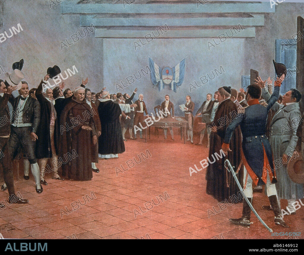 FRANCISCO FORTUNY. The Congress of Tucuman - Declaration of the Independence of the United Provinces of Rio and the Plata on 9th July 1816 - 19th century - colour lithograph.