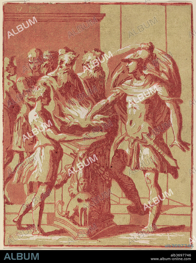 CONTE ANTONIO MARIA ZANETTI I. Mucius Scaevola. Medium: chiaroscuro woodcut printed from 3 blocks: green and pink tone blocks with red line block.
