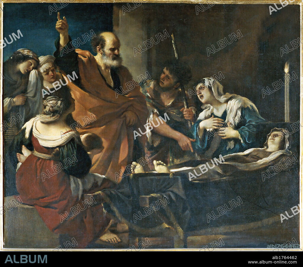 Raising of Tabitha, by Barbieri Giovan Francesco known as il Guercino, 17th Century, oil on canvas,. Italy, Tuscany, Florence, Palazzo Pitti, Palatine Gallery. Authorization required for non editorial use.