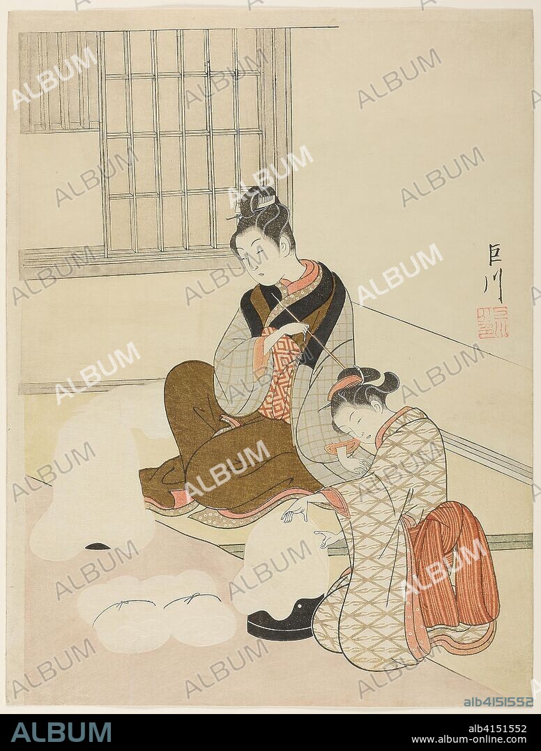 Evening Snow on a Floss Shaper (Nurioke no bosetsu), from the series "Eight Views of the Parlor (Zashiki hakkei)". Suzuki Harunobu ?? ??; Japanese, 1725 (?)-1770. Date: 1761-1771. Dimensions: 28.7 × 21.6 cm (11 1/4 × 8 1/2 in.). Color woodblock print; chuban. Origin: Japan.