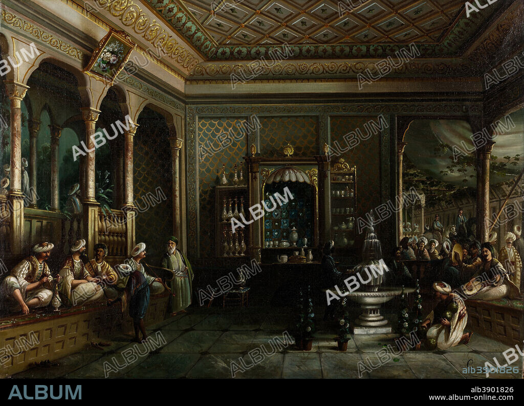 MEGERDICH JIVANIAN and AFTER THOMAS ALLOM. A Coffee House in Tophane. Date/Period: Late 19th century. Painting. Oil on canvas. Height: 960 mm (37.79 in); Width: 1,330 mm (52.36 in).