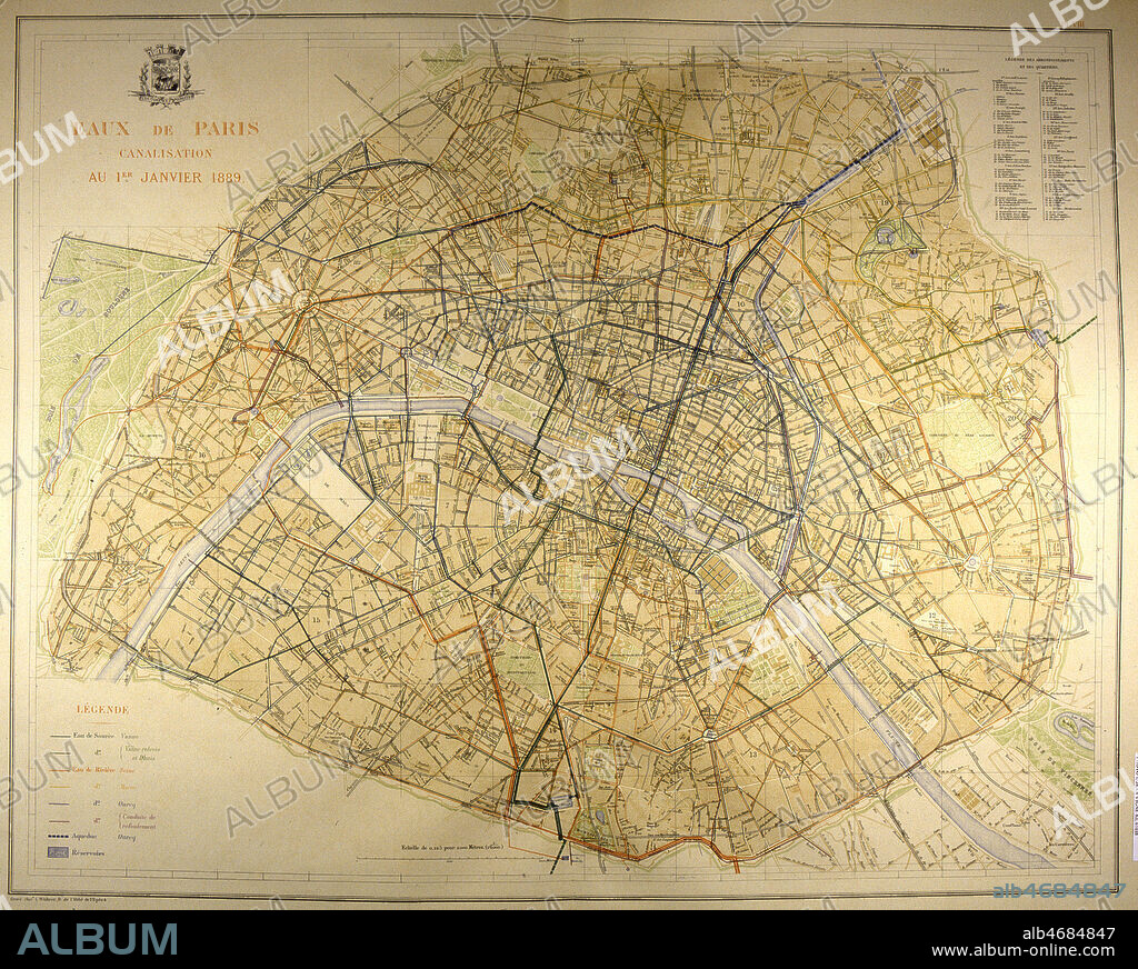 Eaux de Paris : canalisations au 1er janvier 1889. Plan tire de l'ouvrage d'Eugene POUBELLE (1831-1907) 'Atlas des travaux de Paris', publie en 1889. (19e, 19eme, XIXe s.) Credit : JEAN VIGNE / KHARBINE-TAPABOR.