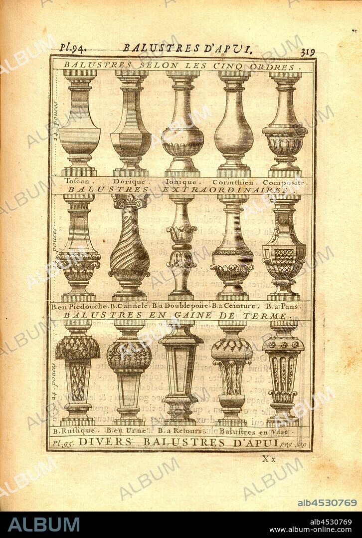Various support balusters, Various supports for balustrades, Pl. 95, p. 319, 1720, Augustin-Charles d'Aviler: Cours d'architecture: qui comprend les ordres de Vignole, avec des commentaires, les figures & descriptions de ses plus beaux bâtimens, & de ceux de Michel-Ange, plusieurs nouveaux desseins, ornemens & préceptes, contenant la distribution, la décoration, la matière & la construction des édifices, la maçonnerie, la charpenterie, la couverture, la serrurerie, la menuiserie, le jardinage & tout ce qui regarde l'art de bâtir: avec une ample explication par ordre alphabetique de tous les termes. A Paris: chez Jean Mariette, MDCCXX [1720].