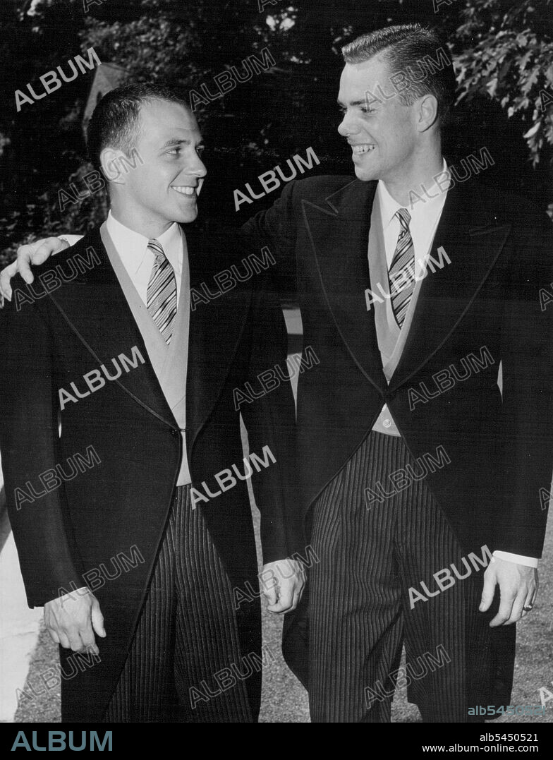 Spender-Lynch Wedding -- Peter Spencer, with is best man William P. Offenbacher of Shaker Heights, Cleveland, ***** before leaving the Australian Embassy for his marriage to Miss Ann Foster Lynch. The bridegroom and his best man graduated from Yale earlier this month. July 02, 1954. (Photo by Reni Photos).