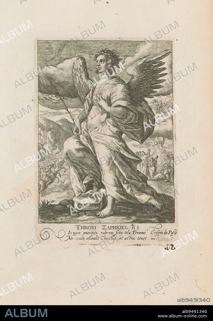 Archangel Zaphkiel, Throni Zaphkiel (title on object), Archangels and other angels (series title), Deus Pater ex quo Omnia Angeli (series title on object), Archangel Zaphkiel stands with his right foot on a stone and holds a branch in his right hand. In the left background, the Red Sea is engulfing the Egyptian Pharaoh and his army. In the background on the right, the ascension of Christ. Numbered in the caption: 1. In this album, is part of a series of twelve representations of archangels and other angels. Part of an album of mainly Christian representations., print maker: Crispijn van de Passe (I), after own design by: Crispijn van de Passe (I), (mentioned on object), publisher: Gerard Valck, 1585 - 1637 and/or 1670 - 1726, paper, engraving, height 145 mm × width 100 mm, height 298 mm × width 182 mm.