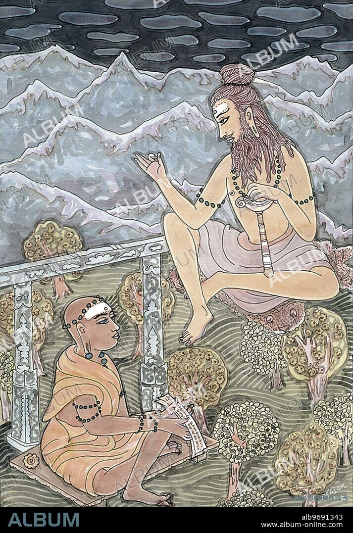 India: Dancing with Siva - Saint Tirumular - Himalayas - jnana mudra - aadheenam - Sivajnanabodham - Artist S. Rajam - saint - sadhu - swami - sannyasin - monk - devotion - meditation - Hindu belief - Hindu - Hinduism - art - yoga - Himalayan Academy art - Himalaya - ola leaf - palm leaf - scripture - guru - Nandinatha - India - Indian art - Hindu art - religion - Hindu religion.