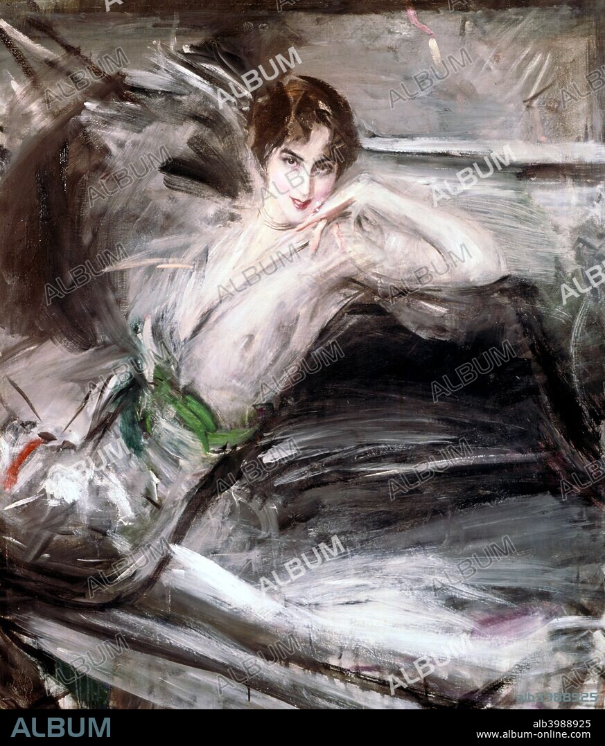 'Woman Sat on Chair', c late 19th century. Giovanni Boldini. Born in Ferrara, Italy in 1845. Like Sargent, he had an international career, working mainly in Paris, but also in England where he was well known in London.