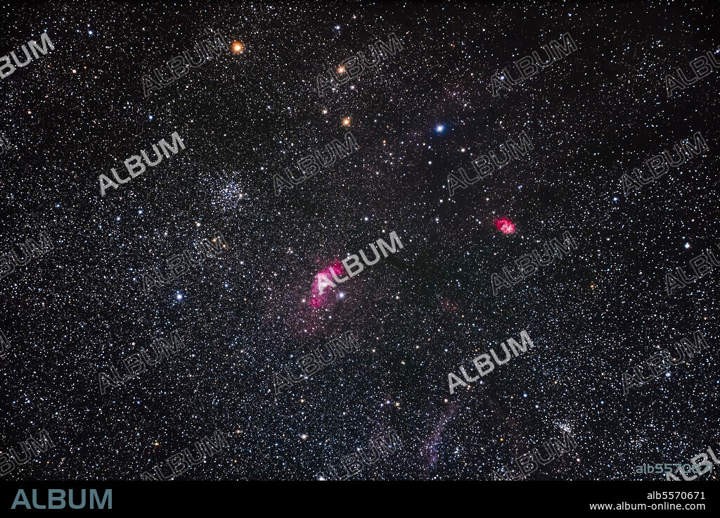 Messier 52 open cluster, at left, and the Bubble Nebula, NGC 7635 below and to the right of it, at centre, plus the small red nebula NGC 7538 at right. The open cluster at lower right is NGC 7510.