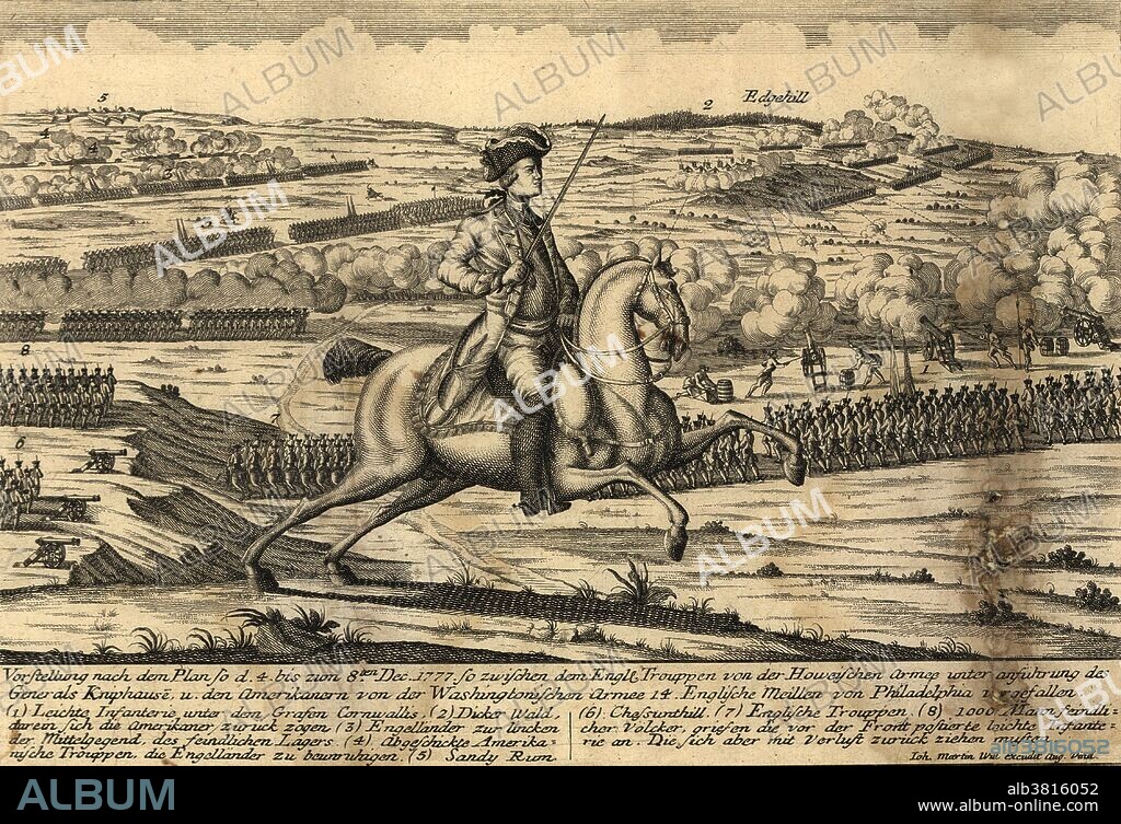 View from the British positions at the Battle of White Marsh by cartographer Johann Martin Will. The Battle of White Marsh or Battle of Edge Hill was a battle of the Philadelphia campaign of the American Revolutionary War fought December 5-8, 1777, in the area surrounding Whitemarsh Township, Pennsylvania. The battle, which took the form of a series of skirmish actions, was the last major engagement of 1777 between British and American forces. General Washington spent the weeks after his defeat at the Battle of Germantown encamped with the Continental Army in various locations throughout Montgomery County, just north of British-occupied Philadelphia. In early November, the Americans established an entrenched position approximately 16 miles north of Philadelphia. From here, Washington monitored British troop movements in Philadelphia and evaluated his options. On December 4, General Howe led a sizable contingent of troops out of Philadelphia in one last attempt to destroy Washington and the Continental Army before the onset of winter. After a series of skirmishes, Howe called off the attack and returned to Philadelphia without engaging Washington in a decisive conflict. With the British back in Philadelphia, Washington was able to march his troops to winter quarters at Valley Forge.