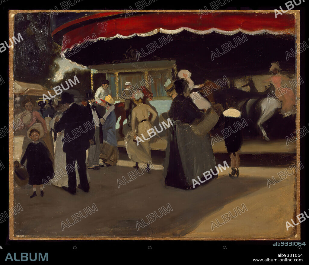 Carrousel, Alfred Henry Maurer, American, 1868-1932, Oil on cardboard, ca. 1901-1902, 28 7/8 x 36 in., 73.4 x 91.4 cm, 20th Century, American Modernist, amusement, barker, carnival, carousel, childhood, children, horses, ladies, merry-go-round, merrygoround, painting, play, recreation, x-ray.