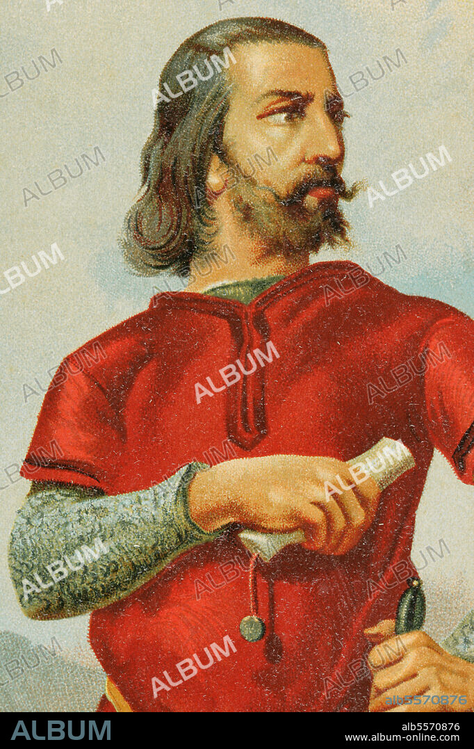 Rodrigo Díaz de Vivar, known as El Cid Campeador (ca. 1043-1099). Castilian nobleman, knighted by the infante Sancho. He took part in the battles of Llantada and Golpejera against Alfonso VI, and the Siege of Zamora. Chromolithography. "Historia Universal" (Universal History), by César Cantú. Volume V. Published in Barcelona, 1884.