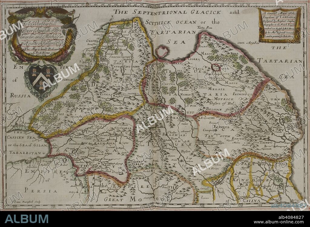 Map of Tartary, 17th century. A generall mapp of the Kingdome of Tartaria / Designed by Monsieur Sanson . . . ; rendred [!] into English by Rich: Blome . . . ; Thomas Burnford Sculp. London : Printed for Richard Blome, 1669. Source: C.39.d.2 page 88-89.