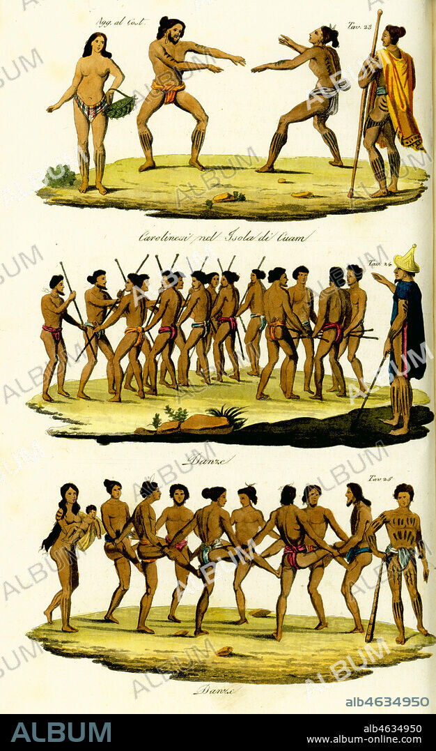 Traditional dances of the Caroline Islands, Micronesia, 19th century. Men with tattoos, wearing loincloths, dancing with sticks. Carolians on Guam at top. Handcoloured copperplate engraving by Corsi after Jacques Etienne Victor Arago from Giulio Ferrario's Costumes Ancient and Modern of the Peoples of the World, Florence, 1834.