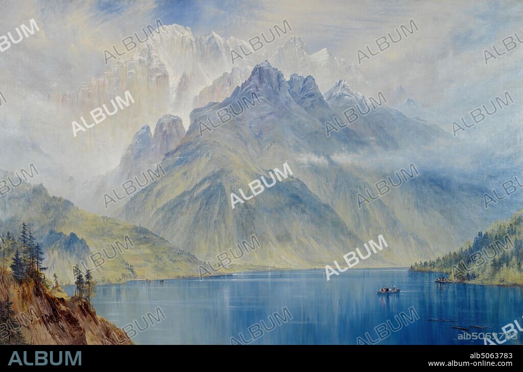 Monte Civetta, 1867, Monte Marmorolo, Italy, Artist: Elijah Walton, Italy, Boat, Landscape, Mountain, Lake, Blue, Alps, Oil Painting, Italy, Dolomites, Round Room.