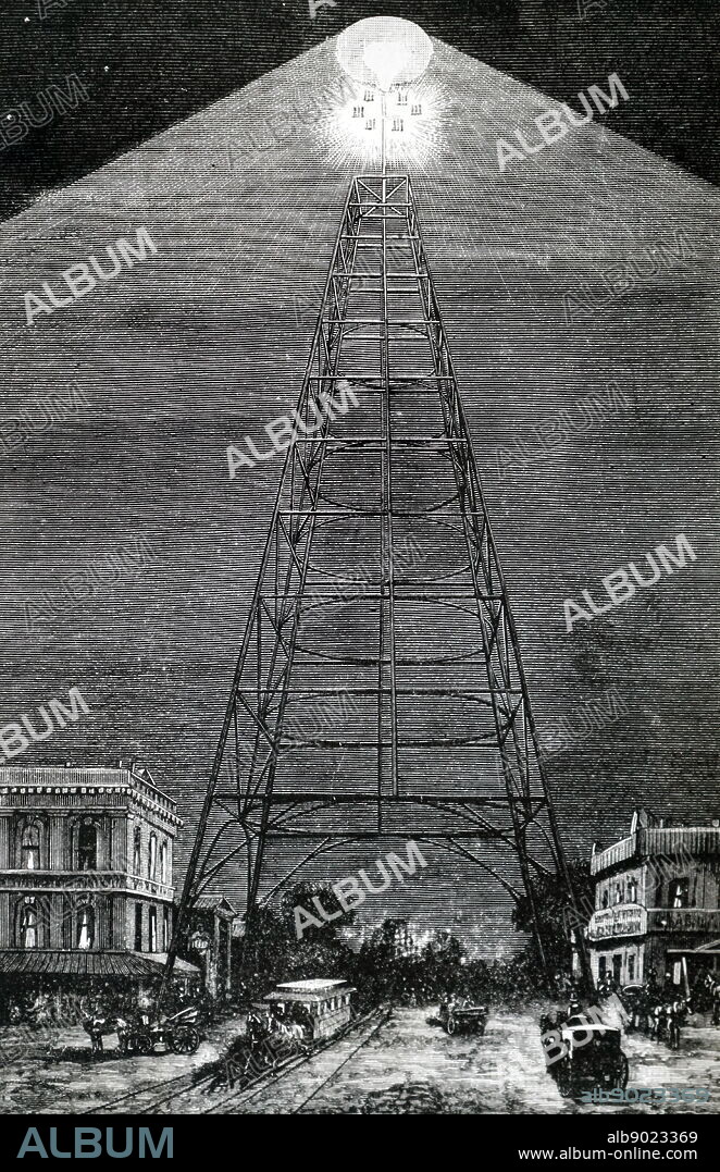 Engraving depicting an intersection of Santa Clara and Market Street, San Jose, California, lit by carbon arc lamps mounted on a tower. Lamps powered by Brush Dynamo.