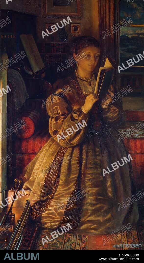 The Last Chapter, 1860-1863 Robert Braithwaite Martineau, Book, Reading, Oil Painting, Fireplace, Portrait, Chiaroscuro, Female.