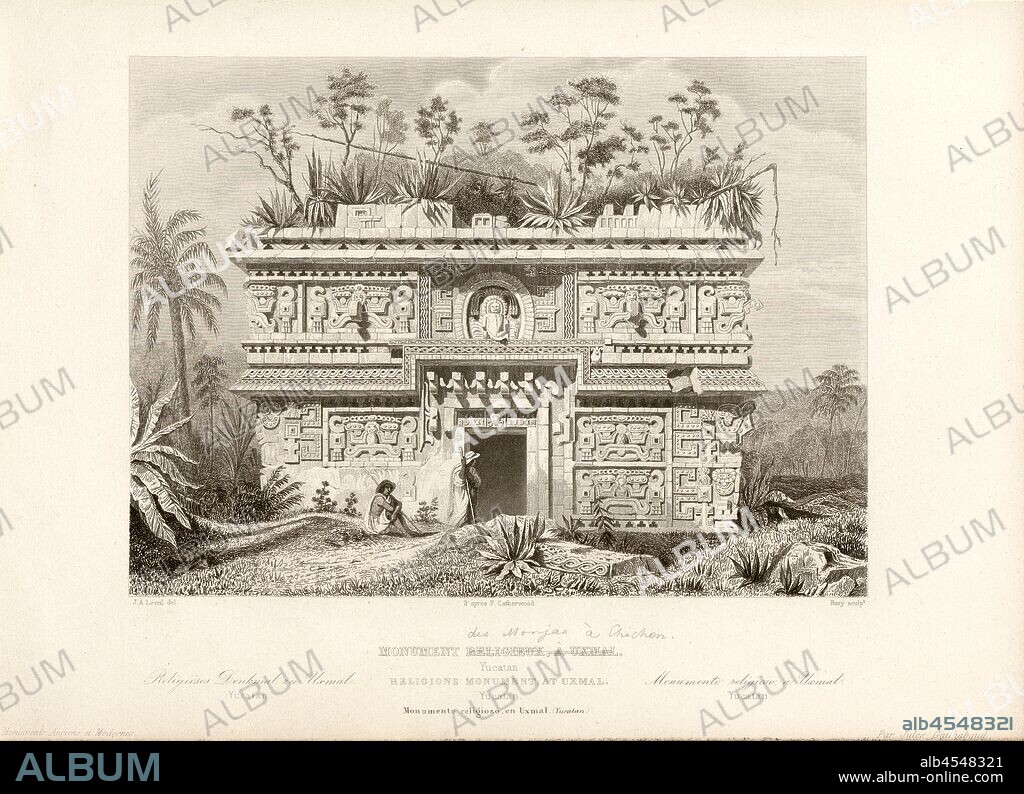 Religious Monument, Uxman. Yucatan, Las Monjas building of the Chichén Itzá ruins in Mexico, signed: J. A. Leveil del, d'après F. Catherwood; Bury sculp, Fig. 76, p. 332, Catherwood, Frederick (inv.); Léveil, Jean-Arnaud (del. d'après Frederick Catherwood); Bury, Jean Baptiste Marie (sc.), 1853, Jules Gailhabaud: Monuments anciens et modernes: collection formant une histoire de l'architecture des différents peuples à toutes les époques. Paris: Librairie de Firmin Didot frères, 1853.