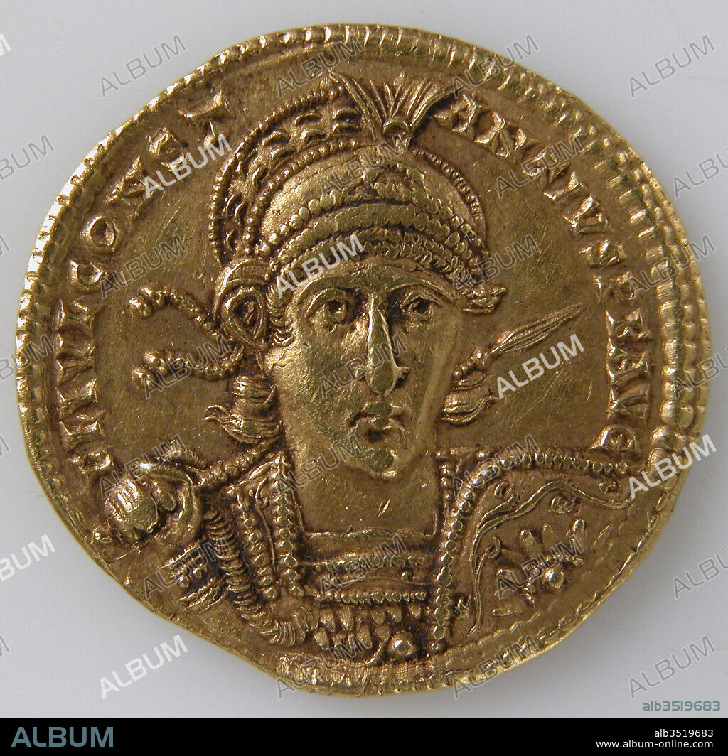 Gold Solidus of Constantine II, 337–361, Byzantine, Gold, Overall: 13/16 x 1/16 in. (2 x 0.1 cm), Coins, This coin was struck in Rome, probably in the year 353 by Constantius II, one of the four sons of Constantine the Great. Constantius II ruled the Eastern half of the empire from 337 to 353, when he became ruler of the entire empire upon the death of his brother Constans (350) and the defeat of the usurper Magnentius (353).