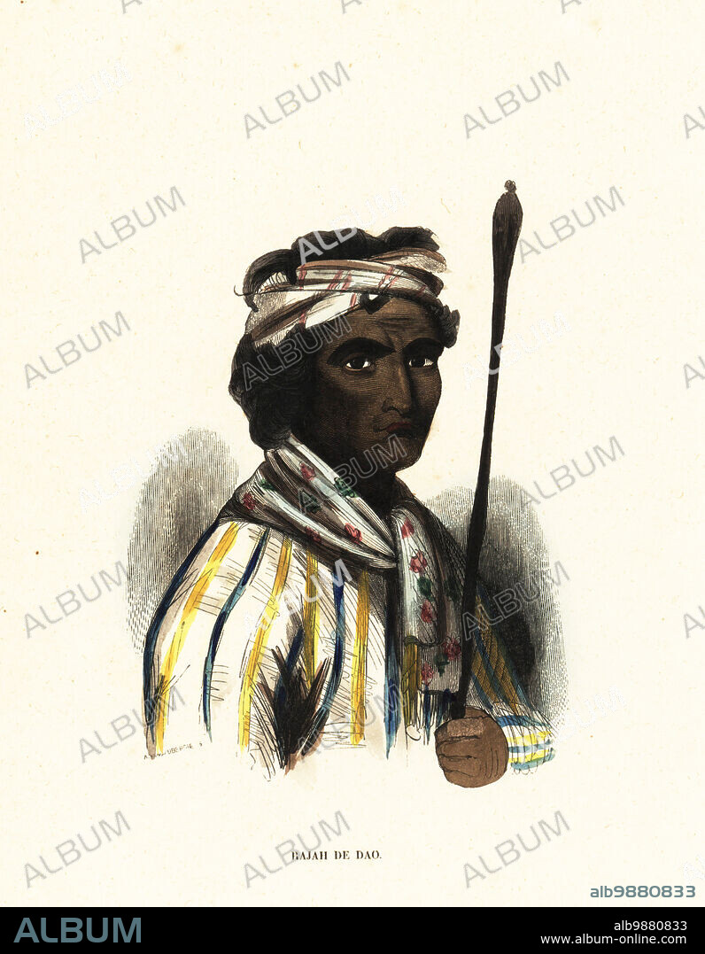 Make-Tetti, Raja of Dao, Maluku Islands, Indonesia. The king wears a bandana, striped shirt and holds a staff. One of the Lease Islands near Ambon, Haruku, Nusa Laut and Manipa. Rajah de Dao. Adapted from a portrait by Jacques Arago in Voyage autour du monde. Handcoloured woodcut by A. Vangauberghe after Arago from Auguste Wahlen's Moeurs, Usages et Costumes de tous les Peuples du Monde, (Manners, Customs and Costumes of all the People of the World) Librairie Historique-Artistique, Brussels, 1845.