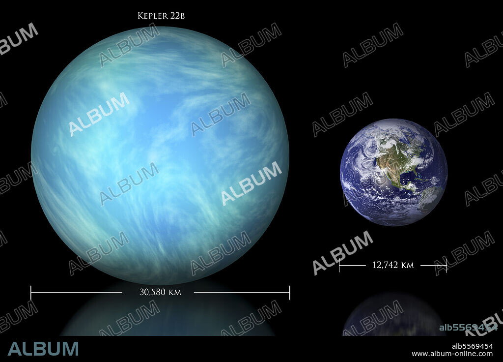 An artist's depiction of the difference in size between Earth and Kepler 22b. Orbiting the star Kepler 22 in the constellation Cygnus, the planet is in a zone that might contain liquid water.