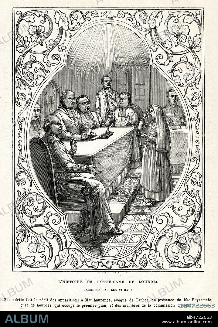 L'Histoire de Notre-Dame de Lourdes. Bernadette SOUBIROUS (1844-1879) fait le recit des apparitions a Mgr LAURENCE, eveque de Tarbes, en presence de Mgr PEYRAMALE, cure de Lourdes, qui occupe le 1er plan et des membres de la commission d'enquete. Illustration anonyme pour Le Pelerin de 1882. Credit : Collection KHARBINE-TAPABOR.
