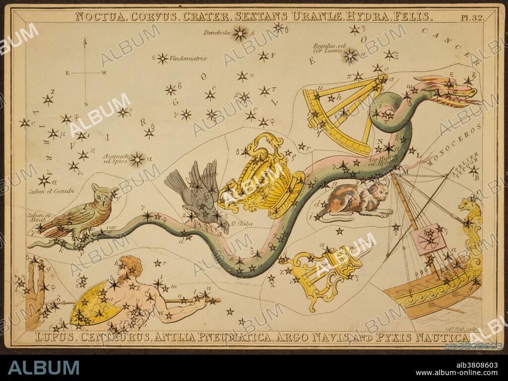 Astronomical chart showing an owl, raven, ornate bowl, sextant, snake, cat, wolf, centaur, air pump, and a ship forming the constellations. Hydra was one of the 48 constellations listed by Ptolemy, and it remains one of the 88 modern constellations defined by the International Astronomical Union. Corvus is a small constellation in the southern sky and it remains one of the 88 modern constellations. Noctua, Latin for little owl, was a seldom mentioned constellation that was once placed between the end of the tail of Hydra. It is now obsolete. Crater constellation is identified with the cup of the god Apollo. Sextans is a minor equatorial constellation which was introduced in 1687 by Johannes Hevelius. Felis was a constellation created by French astronomer JÃ©rome Lalande in 1799. It is now obsolete. Antlia is a constellation in the southern sky. It was created in 1756 by AbbÃ© de Lacaille and originally named Antlia pneumatica to commemorate the air pump invented by Denis Papin. Urania's Mirror is a boxed set of 32 constellation cards first published by Samuel Leigh of the Strand, London, in or shortly before 1825.