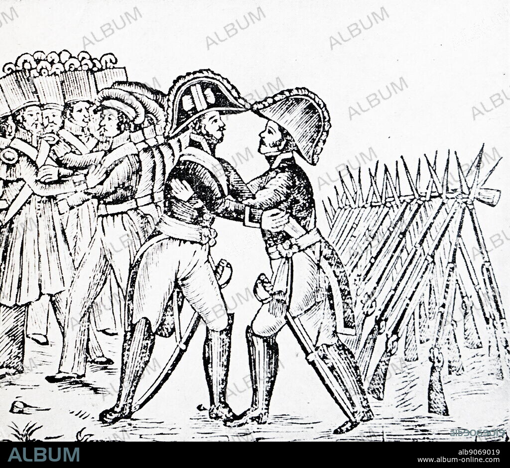 Engraving depicting the embrace of Baldomero Espartero, Prince of Vergara (1793-1879) and General Rafael Maroto (1783-1853). Dated 19th Century.