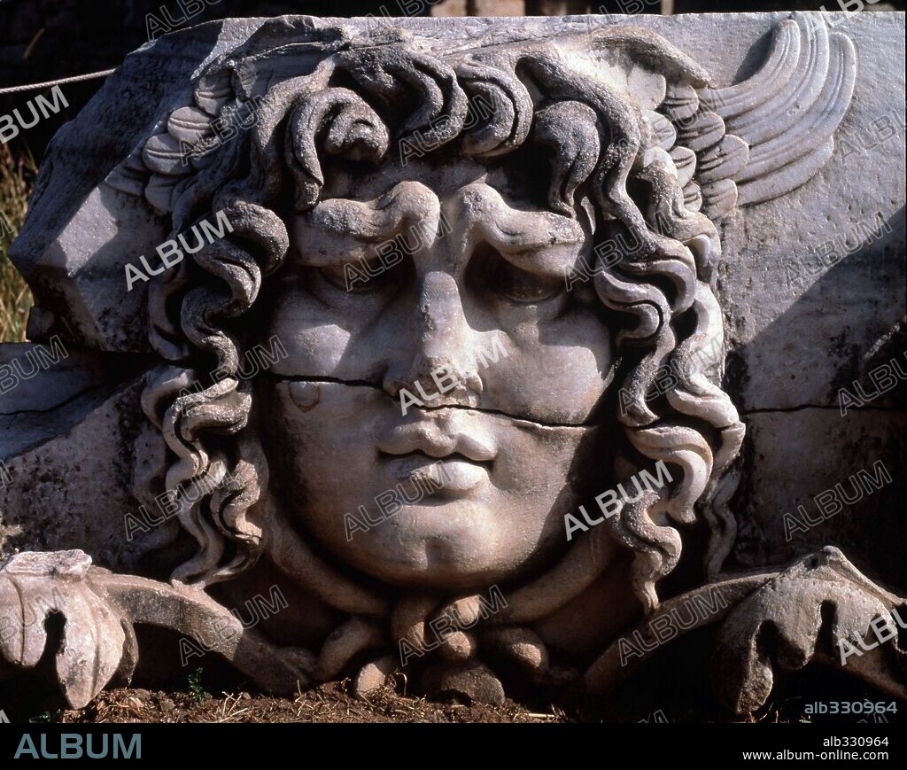 Hellenistic relief of Medusa from temple at Didime Turkey.