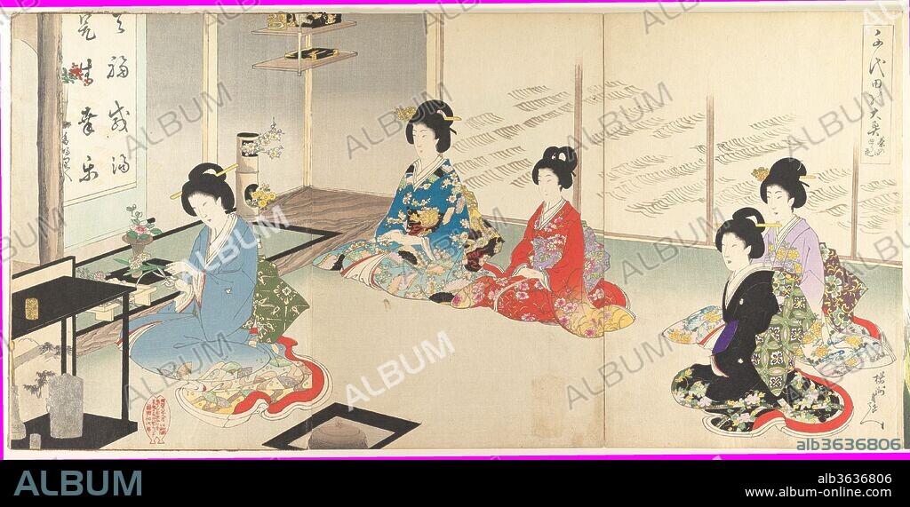 Chiyoda Inner Palace: No.20 Flower Arranging in Turn (Chiyoda no Ooku: Chanoyu mawaribana). Artist: Hashimoto Chikanobu (Japanese, 1838-1912). Culture: Japan. Dimensions: L. (page) 13 7/8 in. (35.2 cm); W. (page) 9 1/4 in. (23.4 cm). Date: August 1895.