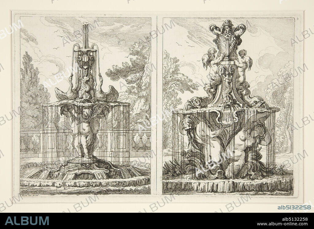 Artist: Charles-Dominique-Joseph Eisen, French, 17201778, Two Decorative Fountain Designs, Etching, image: 19.8 × 30.2 cm (7 13/16 × 11 7/8 in.), French, 18th century, Works on Paper - Prints.