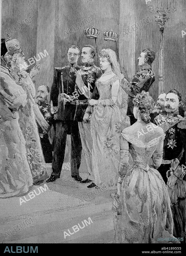 Marriage of Princess Sophia of Prussia, Sophia Dorothea Ulrike Alice, 1870 - 1932, and Constantine I, 1868 - 1923, illustration, woodcut from 1880.