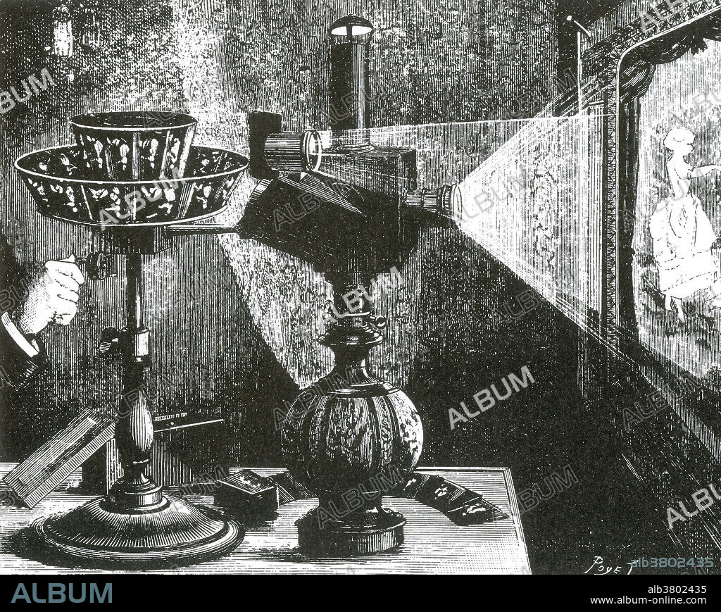 The praxinoscope was an animation device, the successor to the zoetrope. It was invented in France in 1877 by Charles-Emile Reynaud. Like the zoetrope, it used a strip of pictures placed around the inner surface of a spinning cylinder. The praxinoscope improved on the zoetrope by replacing its narrow viewing slits with an inner circle of mirrors, placed so that the reflections of the pictures appeared more or less stationary in position as the wheel turned. Someone looking in the mirrors would therefore see a rapid succession of images producing the illusion of motion, with a brighter and less distorted picture than the zoetrope offered.