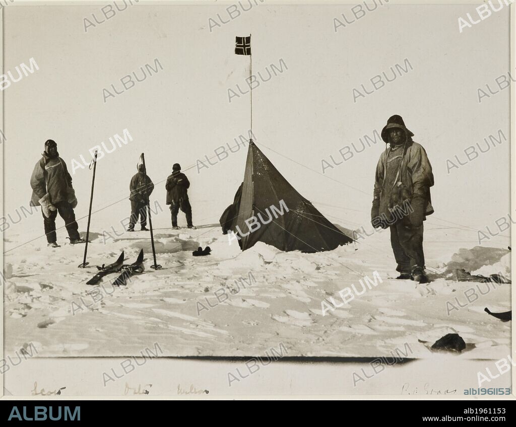 HENRY BOWERS. The British polar team find Amundsen's tent at the South Pole, 18th January 1912. From left to right : Scott; Oates; Wilson and Evans. Photographs of members of the Polar party by Henry Robertson Bowers;1911-1912.(The catalogue entry combines these with the Scott Diaries. Vol. XIX.). 1912. Photographs of the British Antarctic Expedition, 1910 - 1913. Source: Add. 51402, f.3.