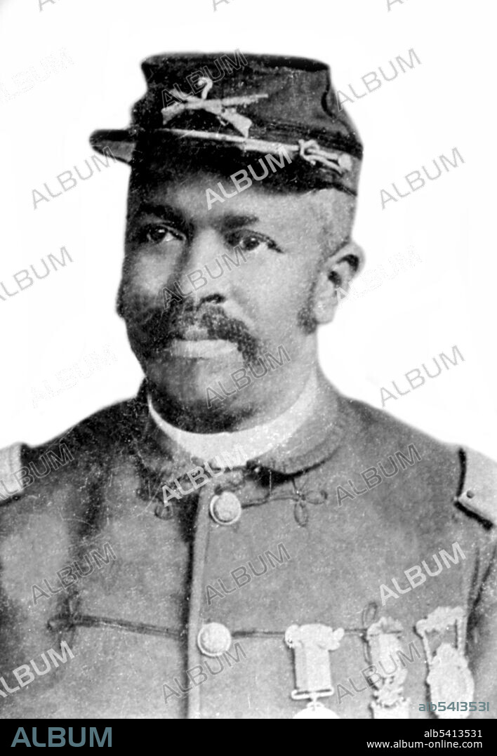 Christian Abraham Fleetwood (July 21, 1840 - September 28, 1914), was an African-American non-commissioned officer in the US Army. Due to his educated background, he was given the rank of Sergeant upon enlistment and promoted to Sergeant Major days later. His regiment saw service on September 29, 1864 in the Battle of Chaffin's Farm. Among the charging soldiers was Sergeant Hilton, the bearer of two flags. When Hilton himself was wounded, Fleetwood and another soldier, Charles Veale, each grabbed a flag from him before the colors could touch the ground. For their actions during the battle, Fleetwood, Hilton, and Veale were each issued the Medal of Honor. No photographer credited, 1900.