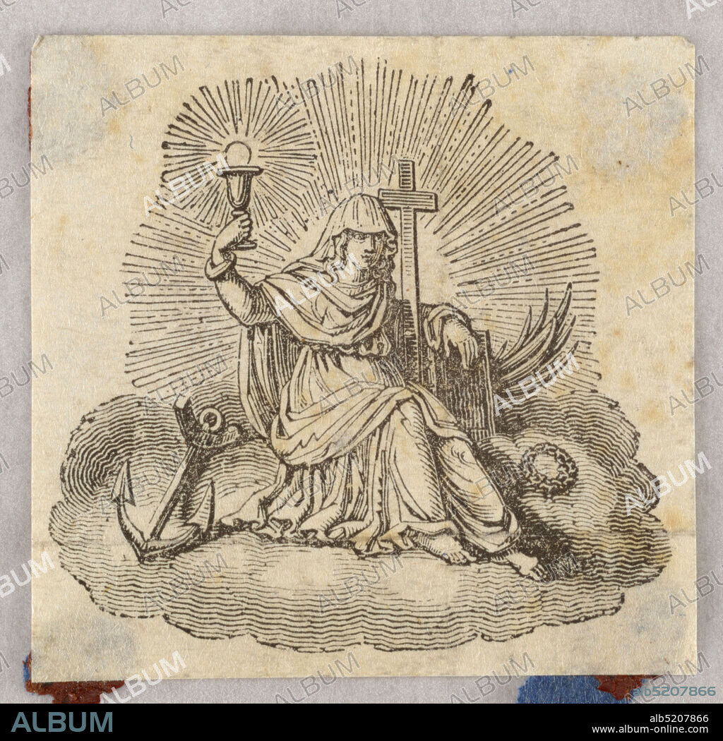 Wood engraving. Vignette., Engraving and etching, A seated woman raising a chalice with Host in her right hand. The cross leans against her left arm. An anchor lies at left., Europe and USA, 182035, Wood engraving. Vignette.