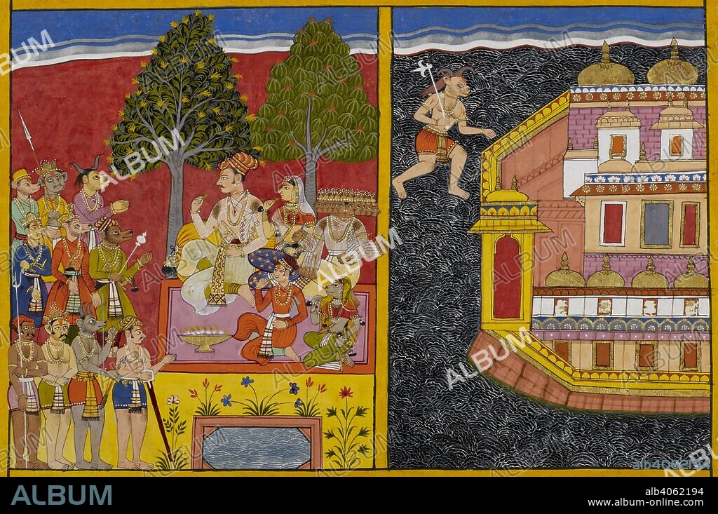 On the left, Sumali, Ravana's maternal grandfather rises from the netherworld and begs Ravana to occupy Lanka, from where the demons had been driven out by Vishnu. On the right, Prahasta, a demon sent by Ravana, is shown crossing the ocean to Lanka to ask Vaisravana if the demons could be reinstated there. Ramayana. Udaipur, 1653. Source: Add. 15297(2), f.22. Language: Sanskrit.