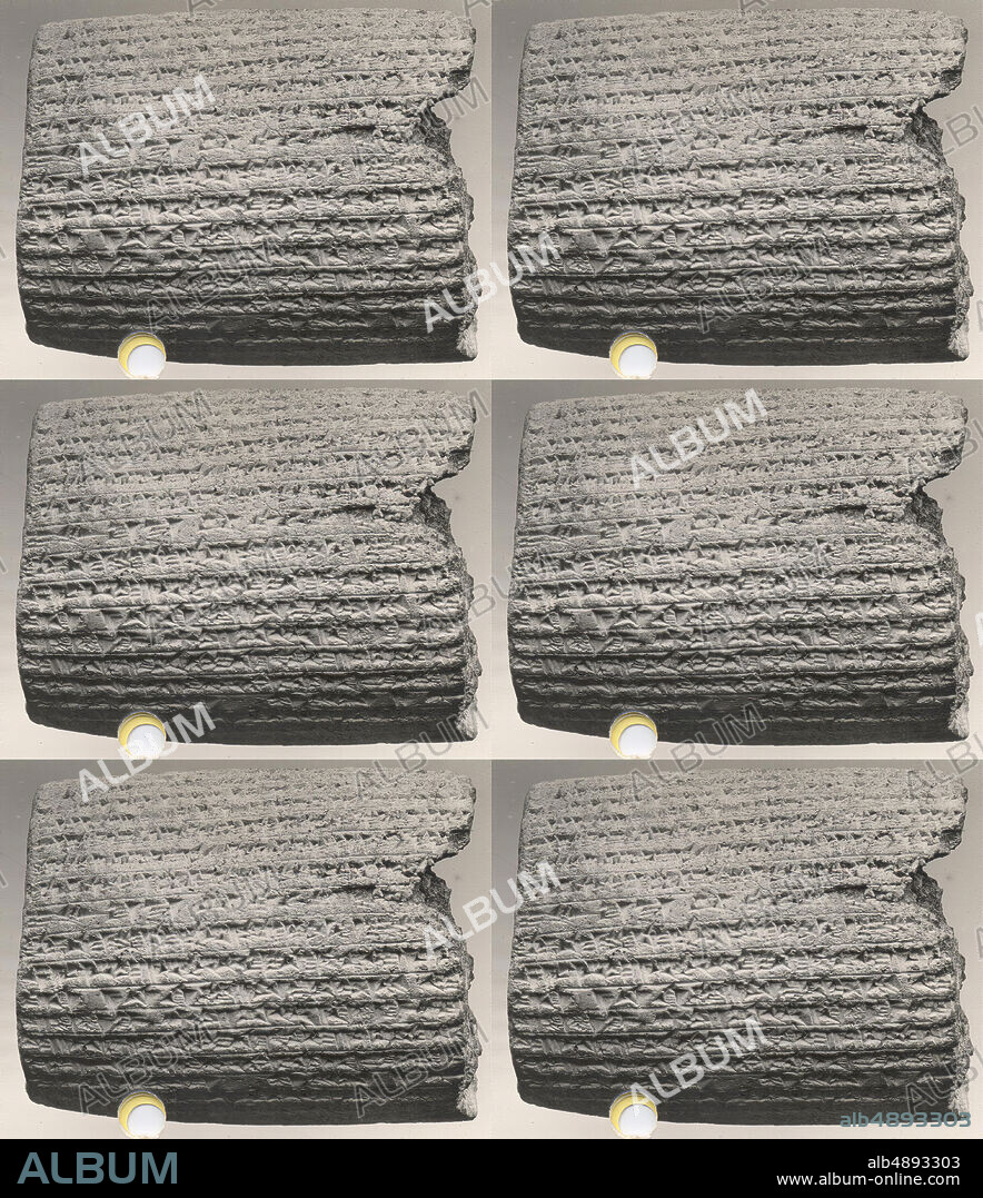 Cuneiform cylinder: inscription of Nebuchadnezzar II describing restorations at Babylon, Babylonian, Neo-Babylonian, Date ca. 604562 B.C., Mesopotamia, Babylon (?), Babylonian, Clay, 4.75 x 3.75 in. (12.2 x 9.6 cm), Clay-Tablets-Inscribed.