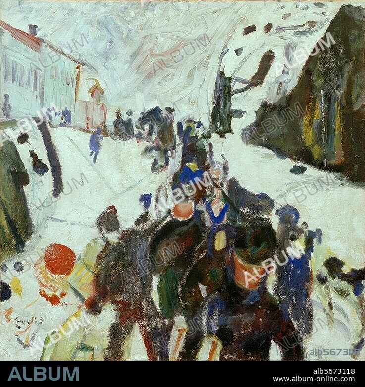 EDVARD MUNCH. Munch, Edvard. 1863-1944. "Workers in the Snow", c. 1910/12. Oil on canvas, 93 × 94.5cm. Oslo, Munch-Museet.