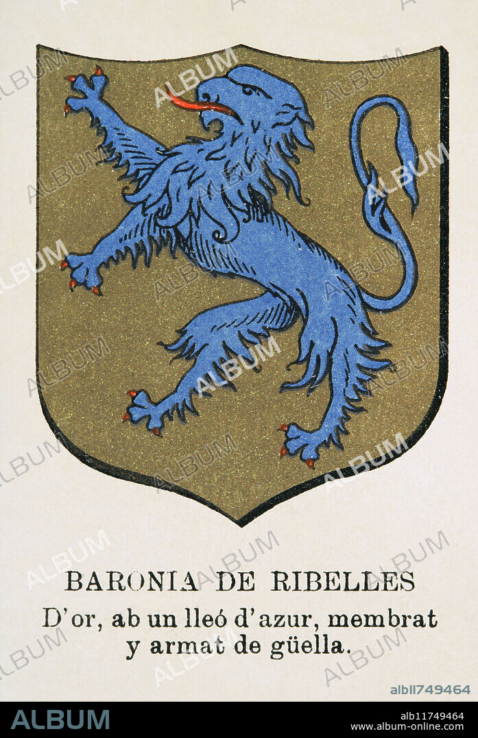 Baronies of Catalonia. Barony of Ribelles (Baronia de Ribelles), 11th century. Coat of arms. "Història de Catalunya" (History of Catalonia), by Antoni Aulèstia i Pijoan (1894-1918), annotated and continued by Ernest Moliné i Brasés (1868-1940). Published in Barcelona, Centre Editorial Artístic de Miquel Seguí, 1922. Volume I.